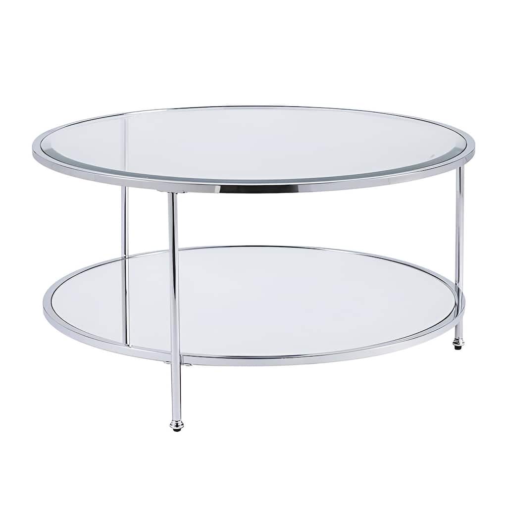 34" Chrome Glass and Metal Round Coffee Table with Mirrored Surface - 33.75” x 33.75” x 18.25”