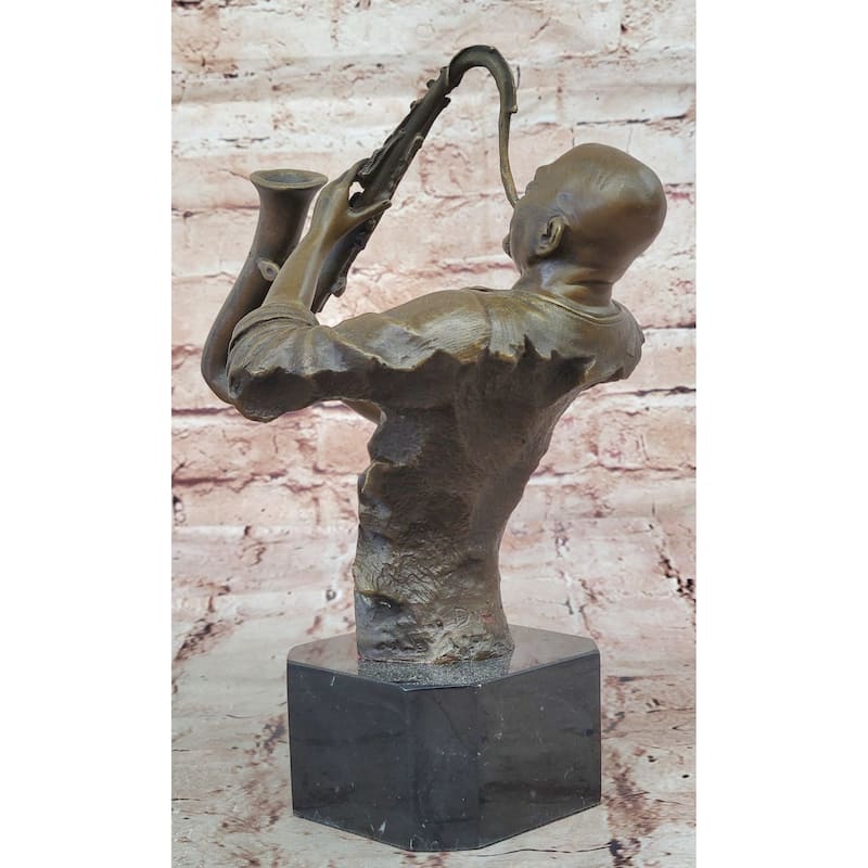 Black African American Saxaphone Player Jazz Musician Bronze Marble Statue 10 Inches X 9 Inches