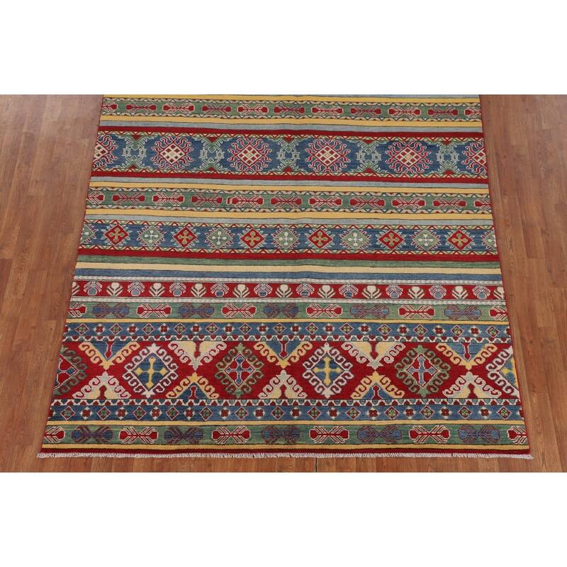 Striped Oriental Kazak Area Rug Hand-Knotted Wool Carpet - 6'7" x 9'9"