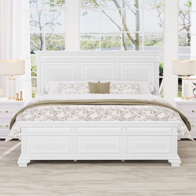 Classic Solid Wood Panel Bed Frame - White - King