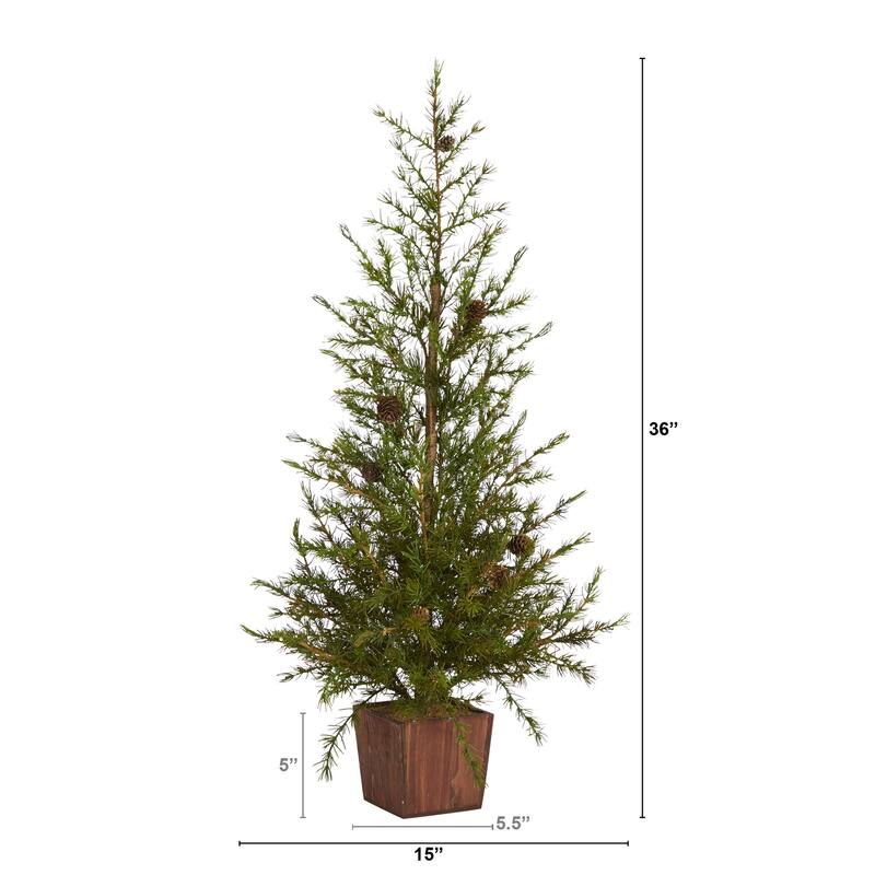 3ft. Alpine Look Artificial Christmas Tree in Wood Planter with Pine Cones - Rustic Holiday X-Mas Accent