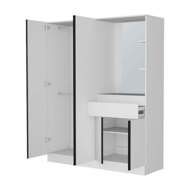 CaneMulti-Functional Wardrobe with Vanity Mirror and Storage, White