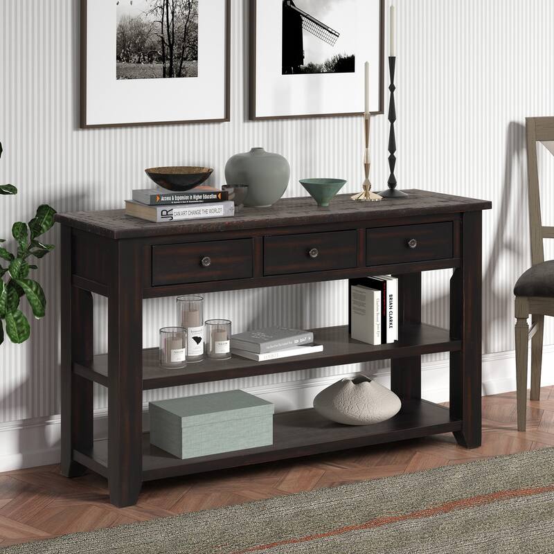 48" Solid Pine Wood Top Console Table, Modern Entryway Sofa Side Table with 3 Storage Drawers and 2 Shelves