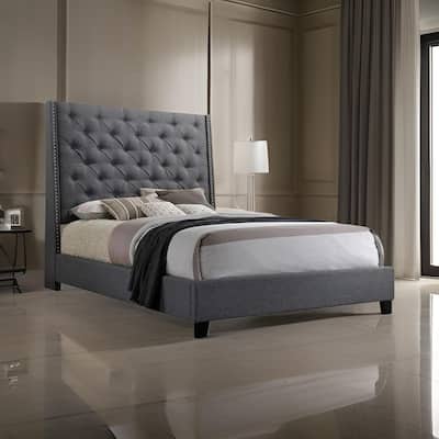 Maze King Size Bed, Button Tufted, Nailhead Trim, Gray Fabric Upholstery