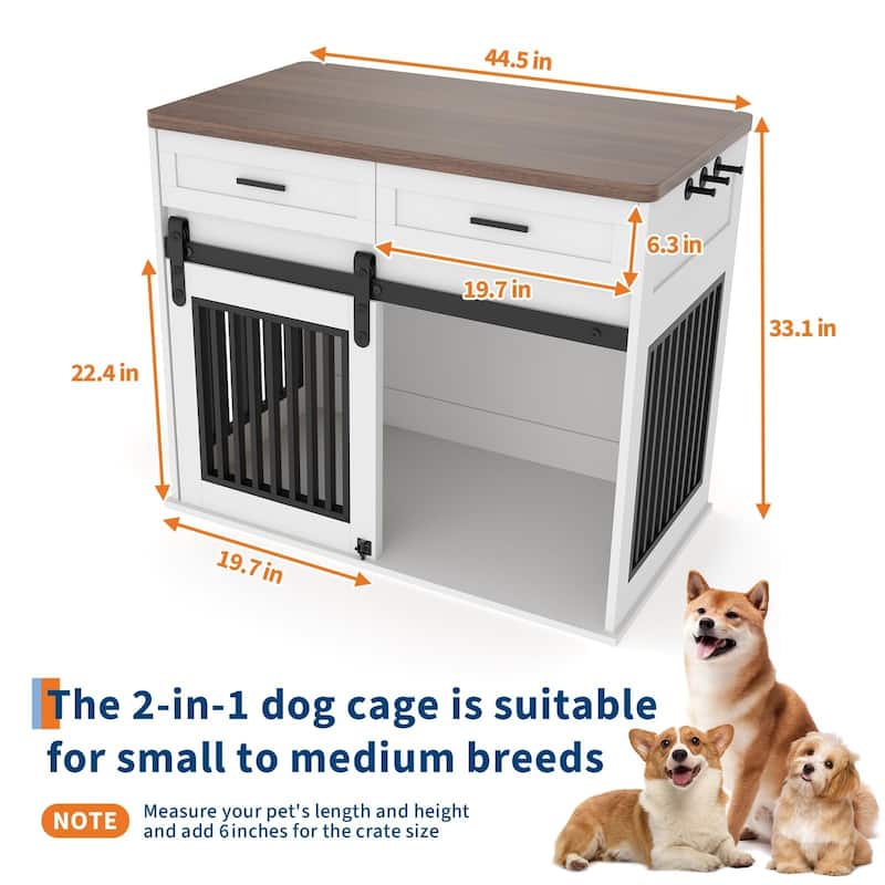Dog Crate Furniture with Barn Door, Indoor Kennel Table with Storage - N/A