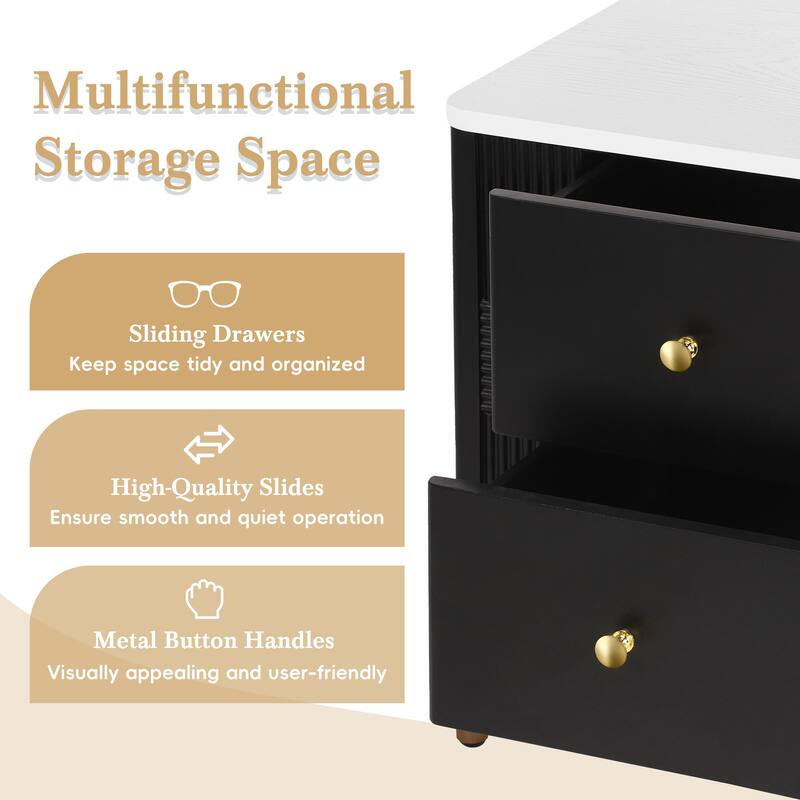 Modern 2-Drawer Fluted Nightstand - Golden Metal Handles/Legs, Easy Assembly (Black)