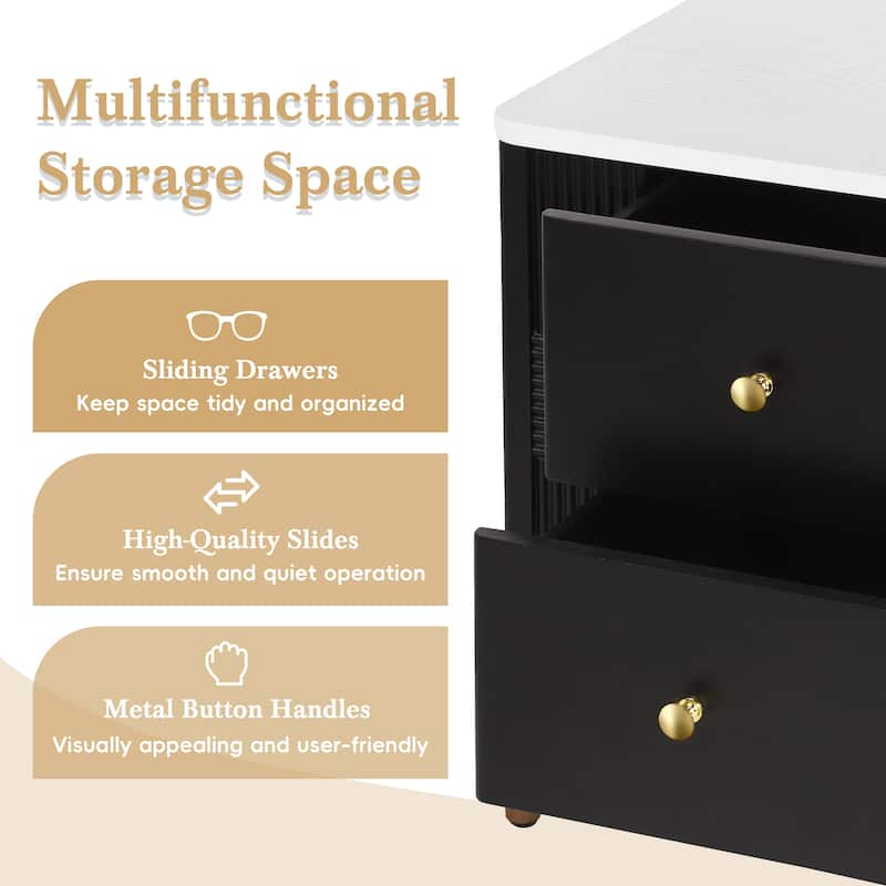 Modern Nightstand with 2 Storage Drawer, Fluted Bedside Table with Golden Metal Handles and Legs