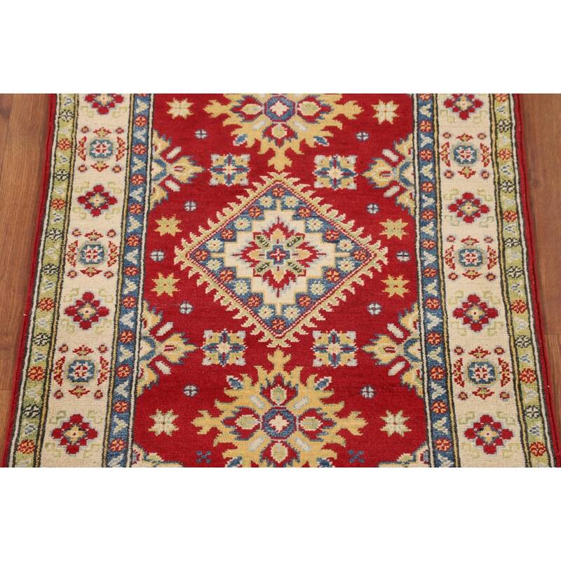 Geometric Red Kazak Accent Rug Handmade Home Decor Wool Carpet - 2'7" x 3'10"