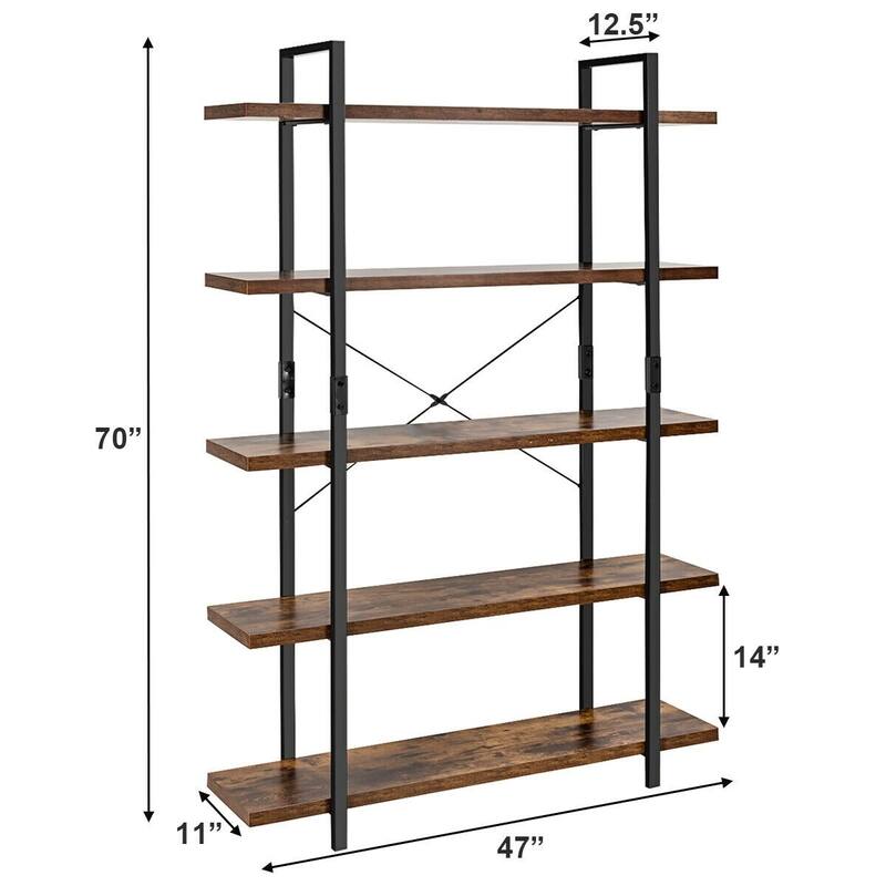 5-Tier Industrial Bookshelf Bookcase Open Storage Shelf Display Rack - 47" x 12.5" x 70" (L x W x H)