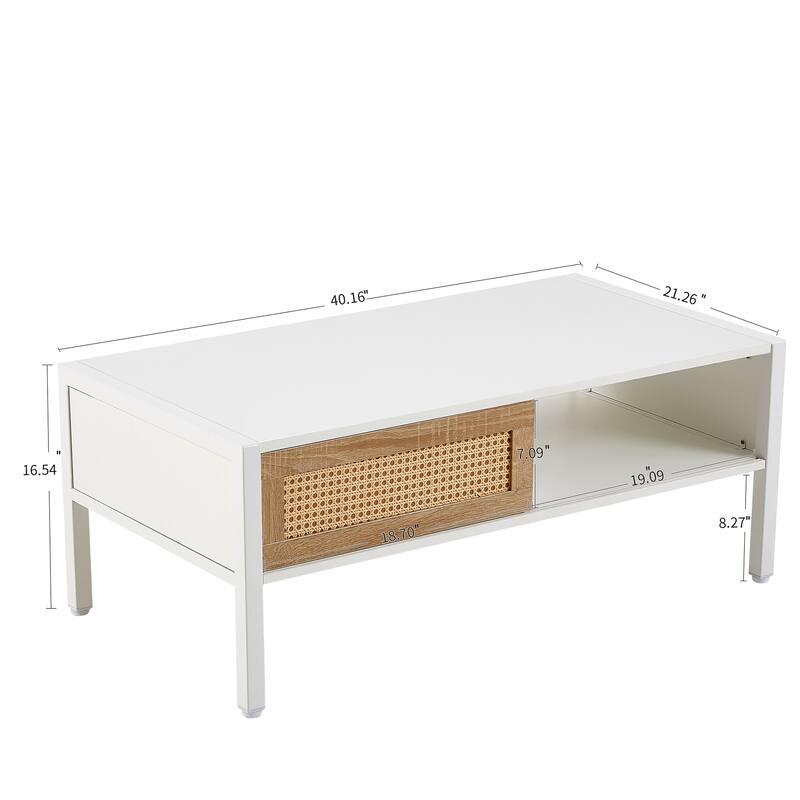 Anmytek Rattan Coffee Table,Sliding Door for Storage, Metal Legs White Modern Living Room Storage Centerpiece Organizer