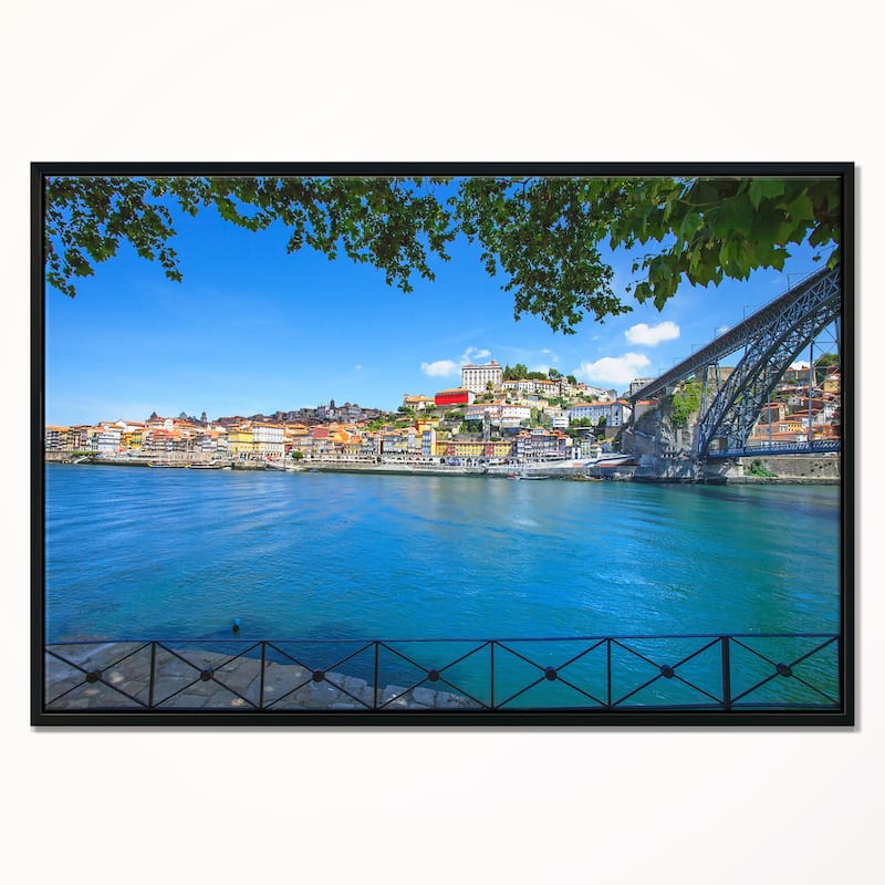 Designart "Douro River and Iron Bridge Portugal" Extra Large Landscape Framed Canvas Art