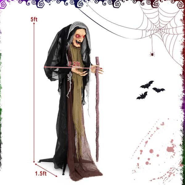 5ft Animatronic Witch with Glowing Eyes, Sound Effects & Motion for Halloween Decor