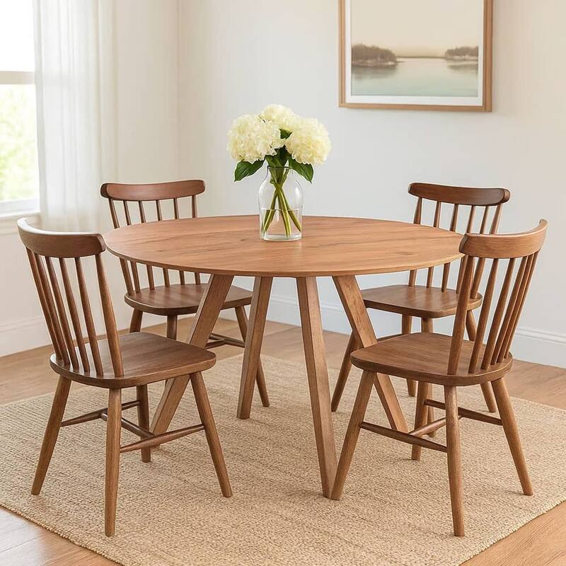 Temi Dining Table 47" Round Top Handmade Natural Brown Mango Wood Angled Four Legged Base