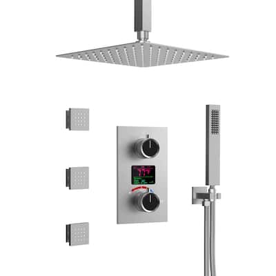 Celling Mounted 12 in Rain Shower Head LCD Digital Thermostatic Shower System Faucet Set with 3 Body Jets