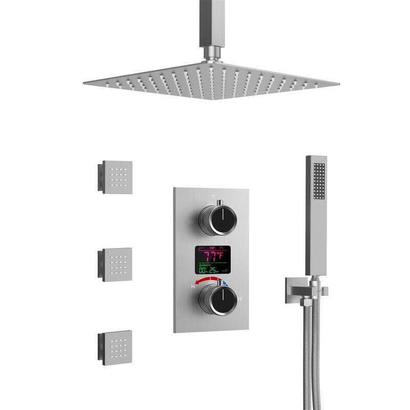 LCD Temperature Display 12" High-Pressure Shower System With Pressure Balancing Diverter Valve - 12-Inch