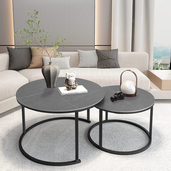 Round Nesting Table Marble Modern Low Accent Tables Set of 2 - 31.5" W x 17.7" H