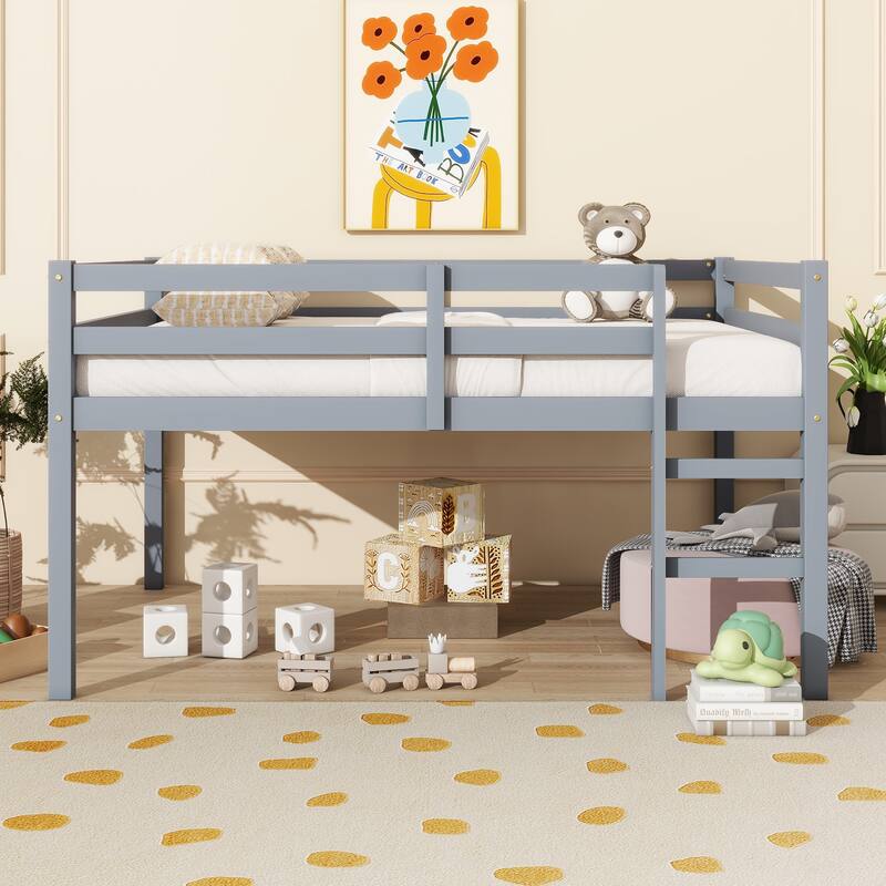 Full Rubber Wood Loft Bed with Ladder, Grey, Space Storage, Low Height Design