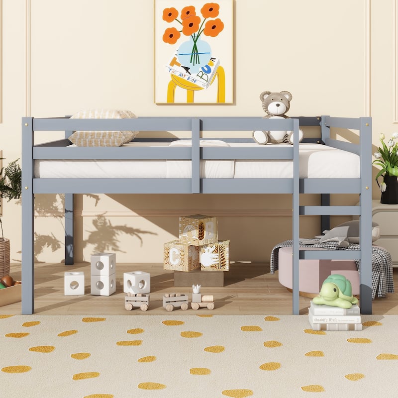 Full Rubber Wood Loft Bed with Ladder, Grey