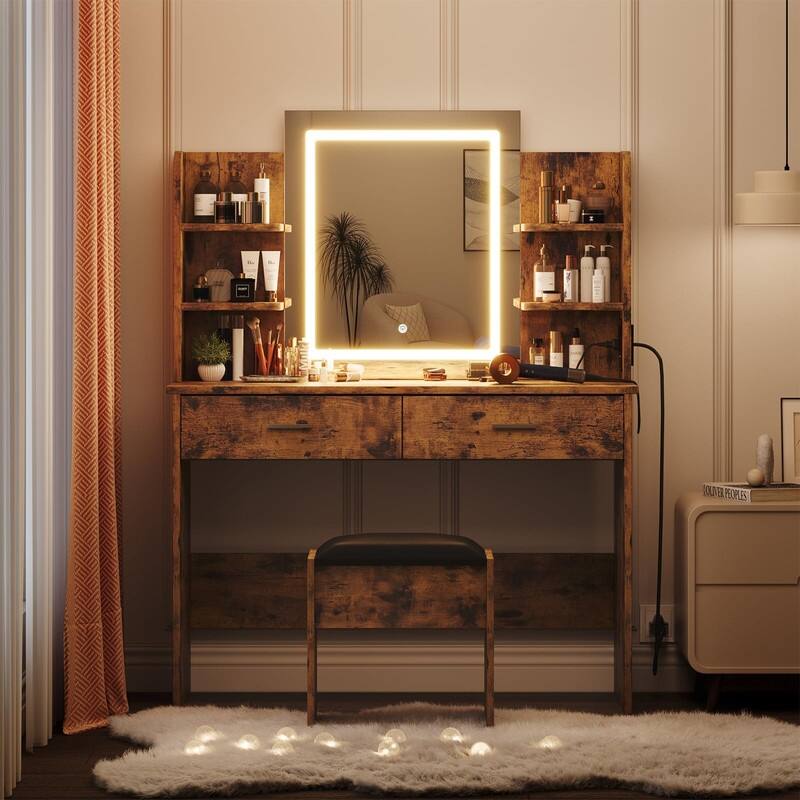 Makeup Vanity Set with Mirror, Stool， Charging Station， 2 Drawers, 6 Shelves