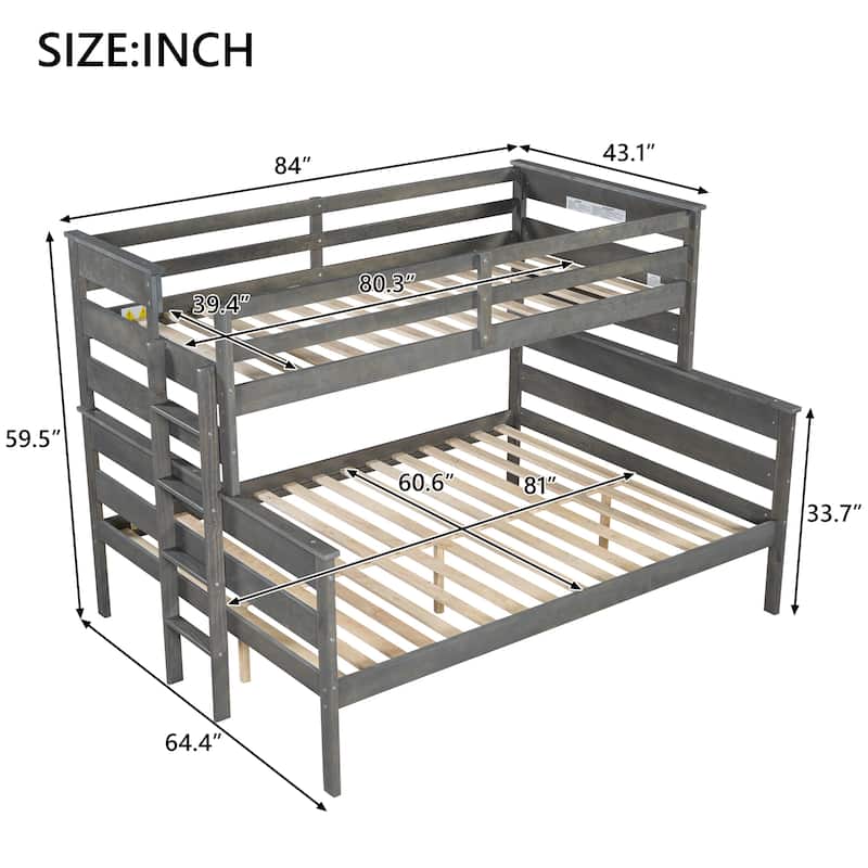 Space-Saving Twin XL over Queen Bunk Bed with Ladder, Gray