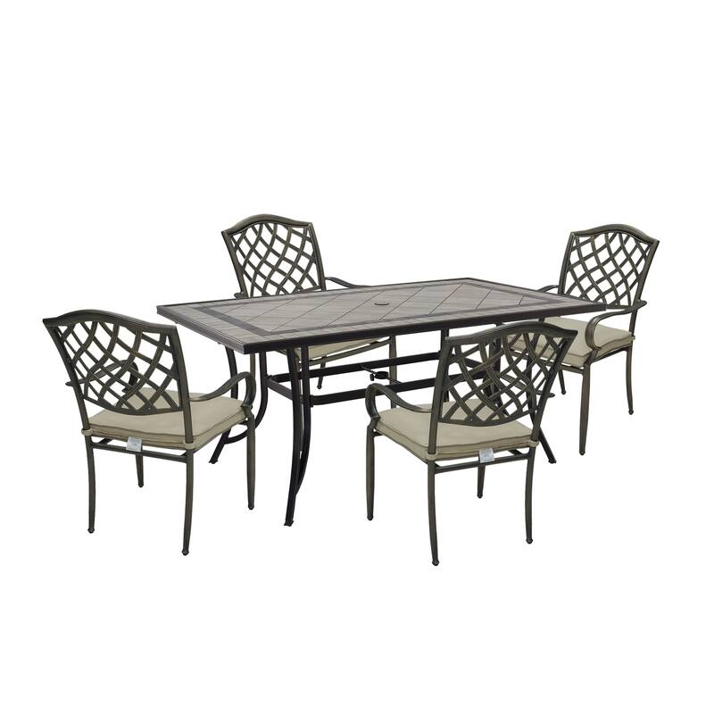 Cast Aluminum 5-Piece Outdoor Patio Dining Set with Ceramic Tile Top Table and Chairs