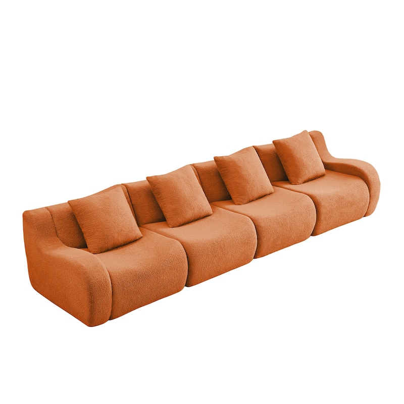 118" Teddy Fabric Boneless Couch, Upholstered 4-Seat Sofa with Curved Armrests, Modular Deep Seat Sofa, No Assembly Required