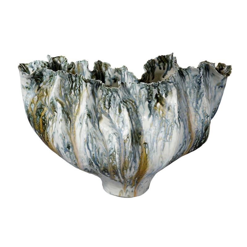 Tery Decorative Vase, Wavy Fishtail, 16 Inch Glossy Blue White Ceramic