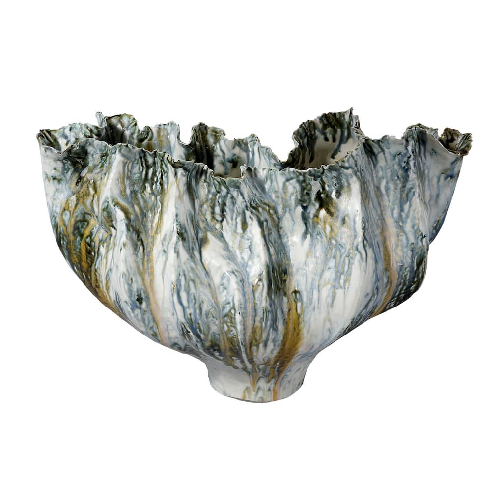 Tery Decorative Vase, Wavy Fishtail, 16 Inch Glossy Blue White Ceramic