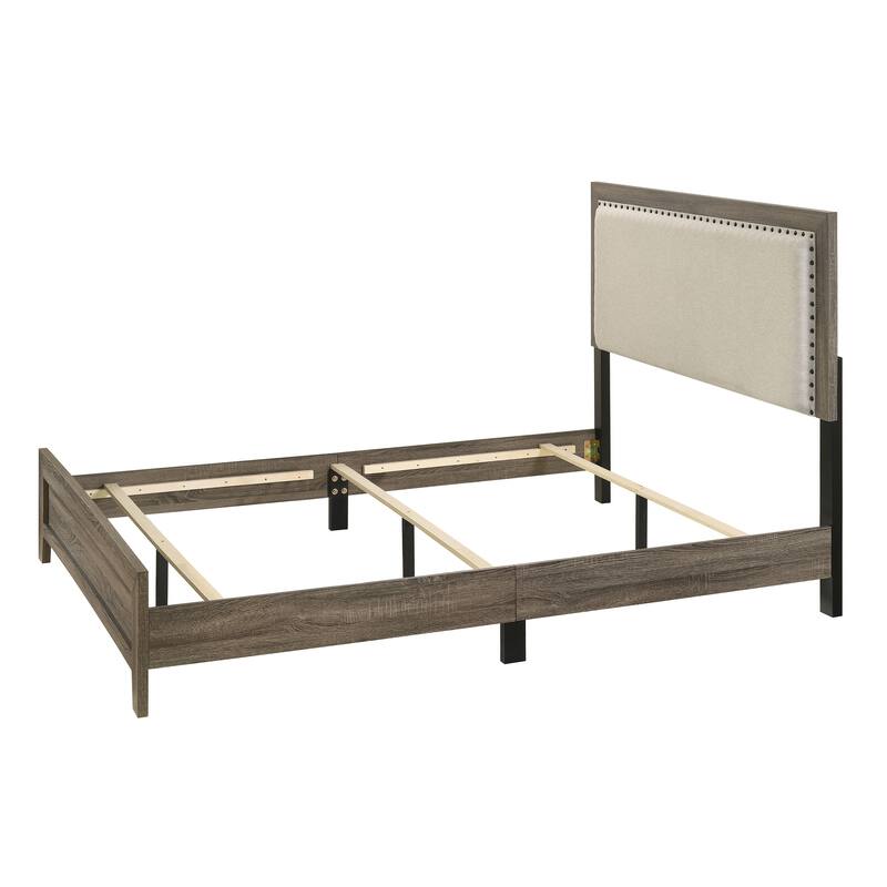 Twin Size Cherry Wood Platform Bed with Upholstered Headboard and Nailhead Trim