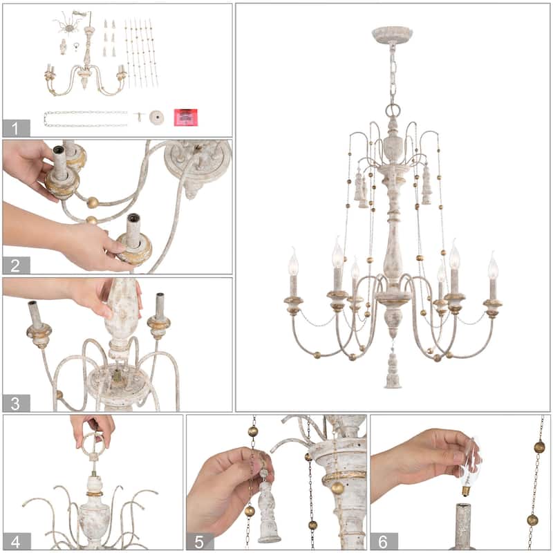 French Country 6-Light 29" White Wood Farmhouse Chandelier for Dining Room - 29"W x 37.5"H