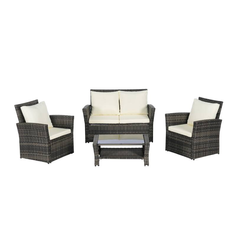 4-Piece Outdoor Grey Wicker Conversation Sofa Set with Coffee Table