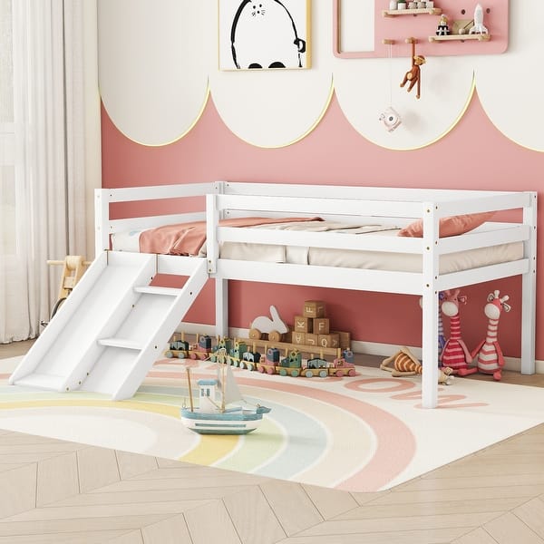 slide 2 of 10, White Twin Size Pine Wood Low Loft Bed with Slide White