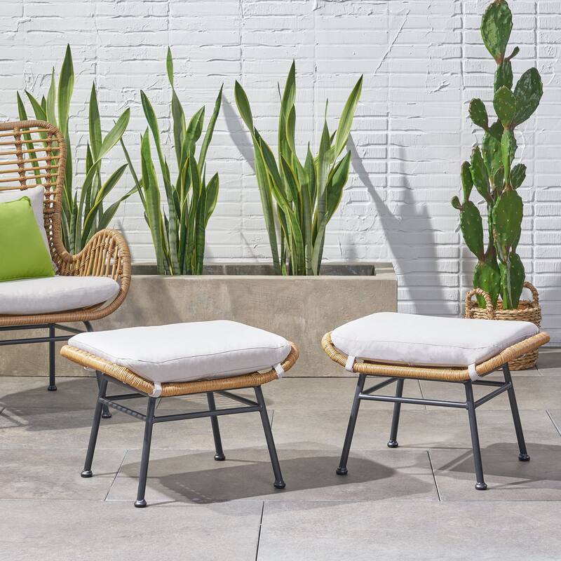 Roomfitters Outdoor Rattan Ottomans with Cushions, Set of 2 Footrests for Patio or Balcony Seating