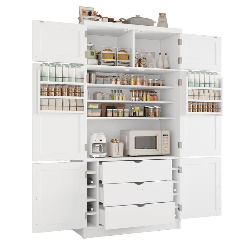 Roomfitters 80 Inch Extra Tall Kitchen Pantry Cabinet with Power Outlets and Wine Rack, Shaker Style