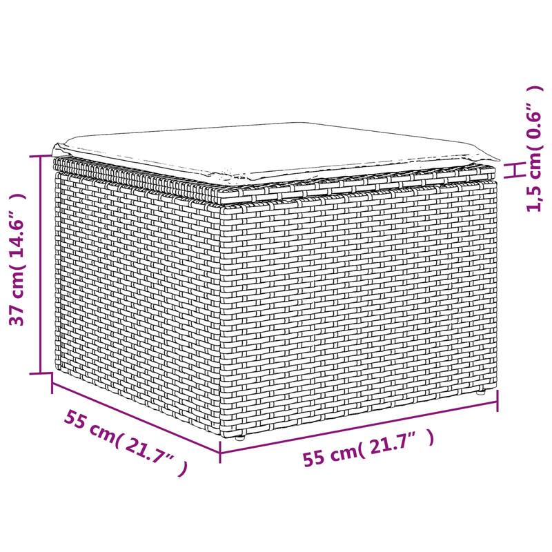 vidaXL Patio Stool with Cushion Ottoman Seating Poly Rattan Brown/Gray/Black - 21.7x21.7x14.6 in