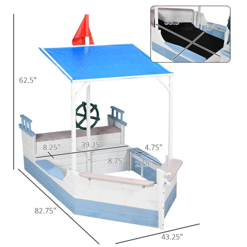 Outdoor Kids Sandbox with Canopy Seats and Fabric Liner for Ages 3 to 7 Years - 82.75" L x 43.25" W x 62.5" H