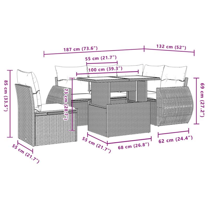 vidaXL Patio Sofa Set with Cushions Outdoor Furniture 6 Piece Poly Rattan