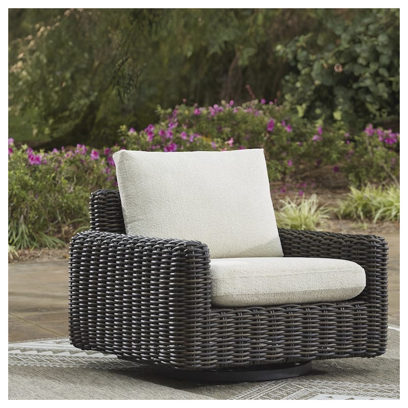 Signature Design by Ashley Kimora Brown/Beige Brown Outdoor Swivel Lounge Chair - 40" W x 39" D x 36.88" H - 40" W x 39" D x 36.88" H - Brown/Beige