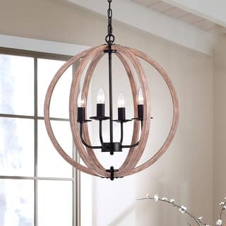Benita Antique Black Natural Wood Orb Chandelier