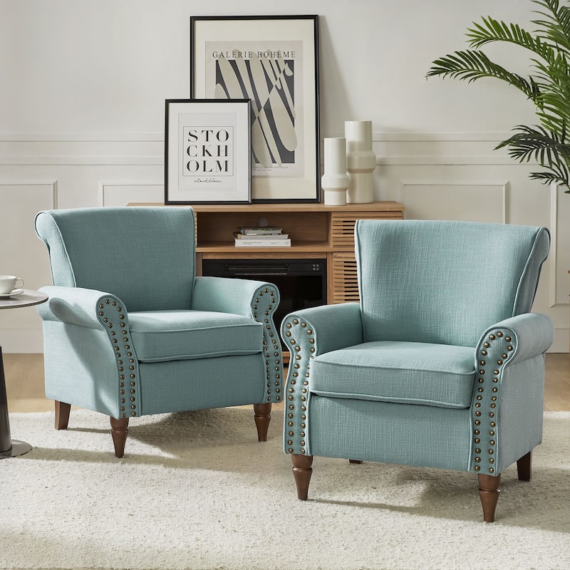 Nyctelius Upholstered Comfy Accent chair with Turned Wooden Legs and Nailhead Trim Set of 2 by HULALA HOME