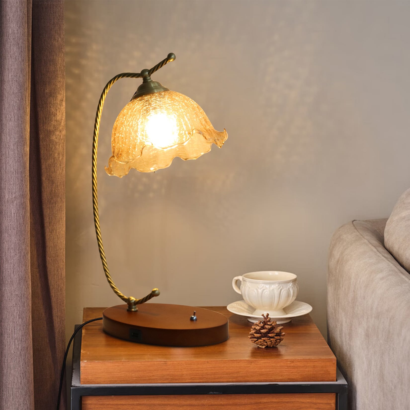 Vintage Flower Glass Table Lamp with Wooden Base USB Charging Port