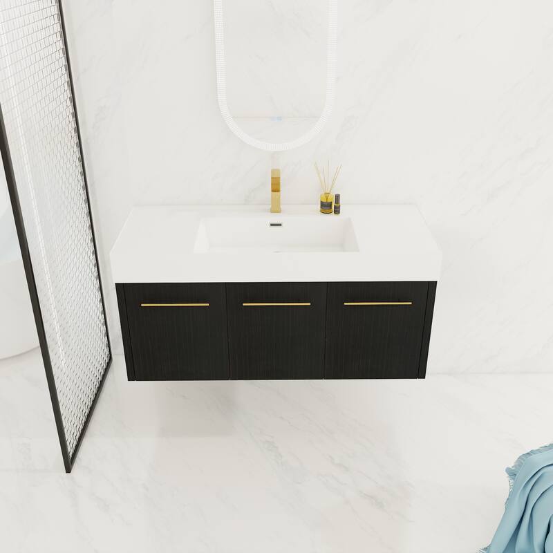 47-Inch Modern Bathroom Vanity with Resin Sink, Soft-Closing Hinges, Eco-Friendly Plywood Base, Black Chestnut Finish