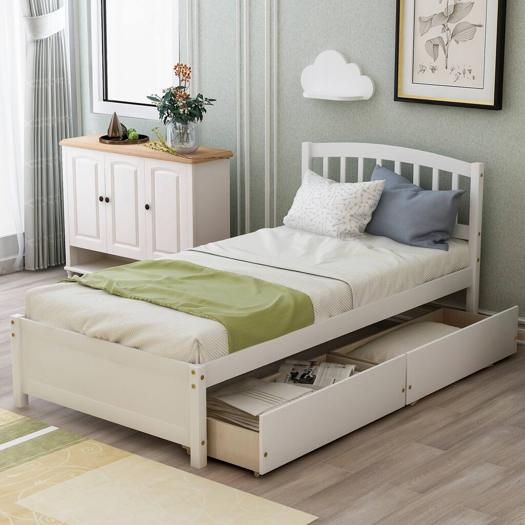 Double Platform Storage Bed Wooden Bed Frame With Two Drawers, Modern Design And Clean Shape Add A Decorative Touch.