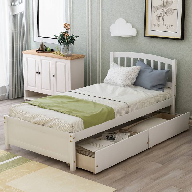 Twin Bed Platform Bed Perfect Guest Bed with Spindle Hedboard - White/ Drawers - Twin