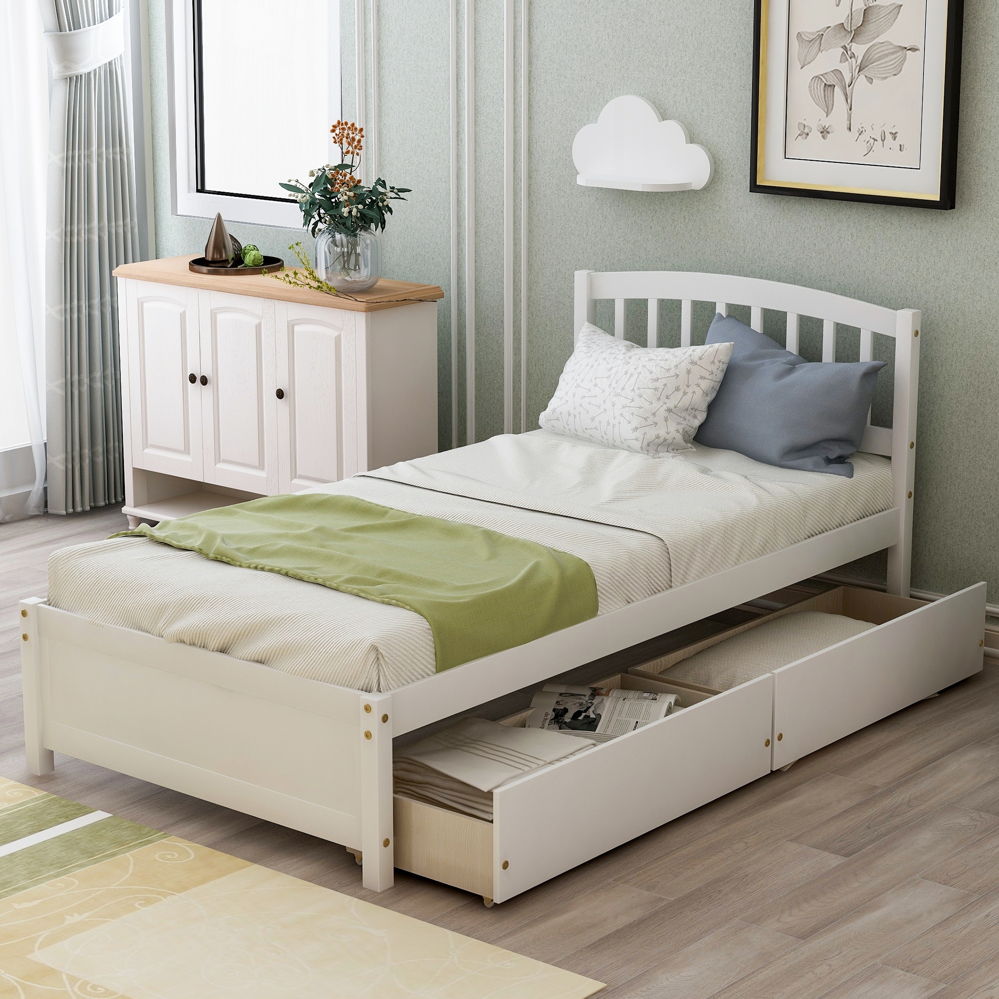 Twin Platform Storage Bed Wood Bed Frame with Two Drawers and Headboard, image size:2000x2000