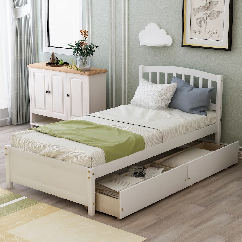 Twin Platform Storage Bed with Two Drawers and Headboard, White