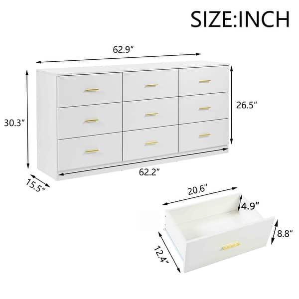 dimension image slide 1 of 2, Contemporary 9-Drawer Wide Dresser – Wood Bedroom Storage Chest with Spacious Capacity, Sturdy & Child-Safe Design‌