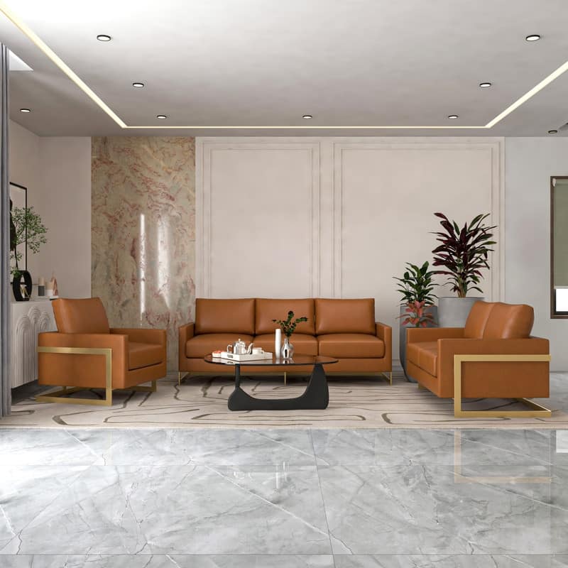 Lincoln Modern Boxy Design Leather Accent Armchair With Gold Frame Modern Single Seater Sofa for Living Room and Bedroom - 34"