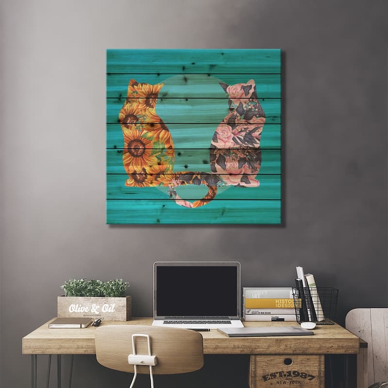 Flower Cats Sunflowers And Roses Print On Wood by Flo Art Studio - Multi-Color