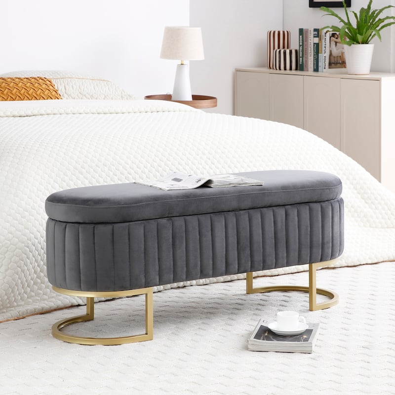 Storage Bench Bedroom Bench, Velvet Oval Upholstered End of Bed Bench with Golden Metal Legs,50"Modern Storage Ottoman Bench - Grey